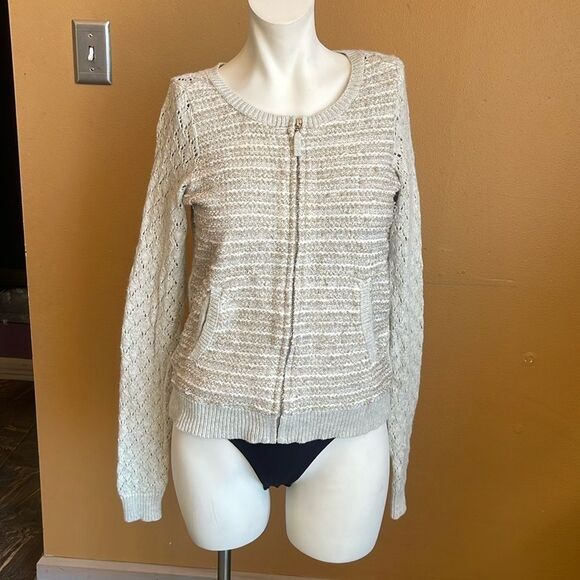 Anthropologie MOTH beige zip up sweater w/ silver/gold colors throughout size S - Picture 1 of 12